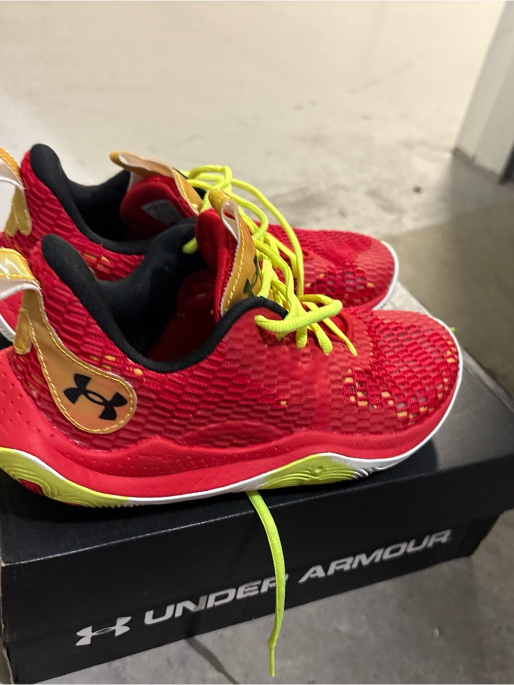 Under Armour Red Basketball Shoes with Neon Yellow Accents